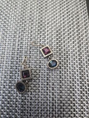 Patricia Locke Signed Purple And Blue Crystal Dangle Earrings. Gold Tone